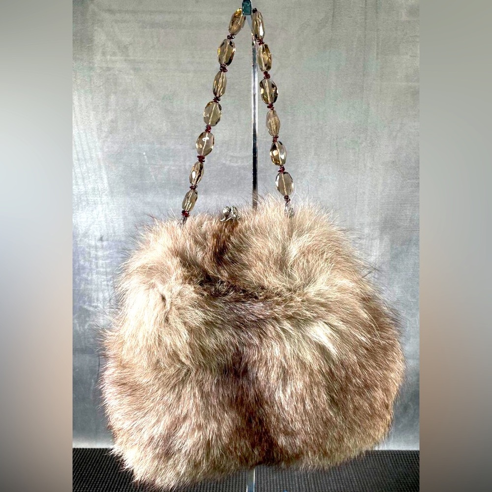 Vintage Fleurte New York Rabbit Fur Purse w/Smokey Quartz Beaded Handle